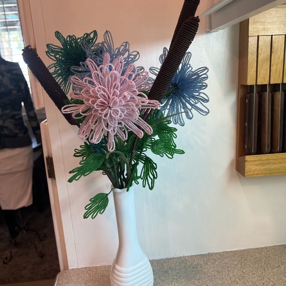 Vintage Antique French Beaded Flowers Floral arrangement bridal bouquet Cattails - Picture 9 of 15